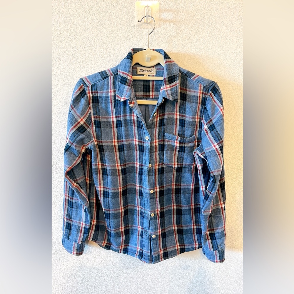 MADEWELL, Long-Sleeve Straight-Hem Button-Up, Blue Plaid, Flannel, Women's MED